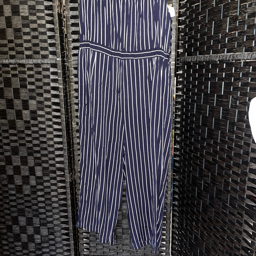 Derek Heart Strapless Navy and White Striped jumpsuit